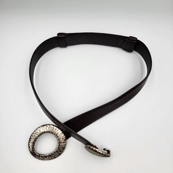 Chicos Brown Adjustable Leather Belt With Textured Silver & Gold Tone Metal Buck - Picture 8 of 16